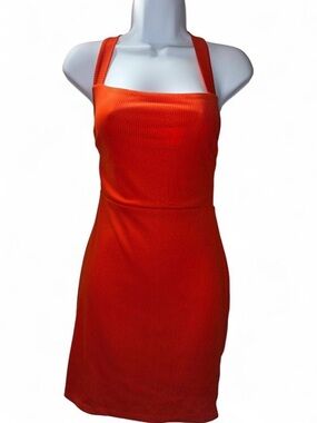 Bright Orange Ribbed Halter Mini Dress